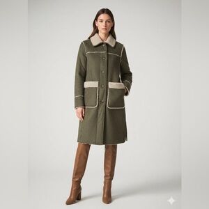 🧥💚🔥Michael Kors Coat Jacket Faux Suede Faux Fur Lining Olive Green Hazelnut S